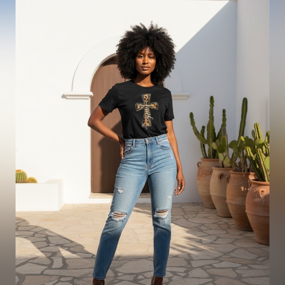 Leopard Cross Graphic Black T-Shirt - Picture 1 of 6
